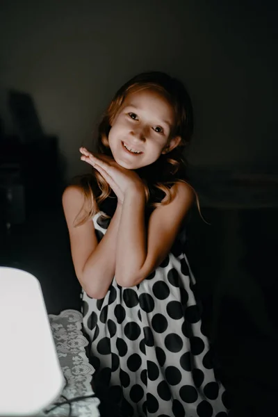 Cute Little Brown Eyed Girl Black White Polka Dot Dress —  Fotos de Stock