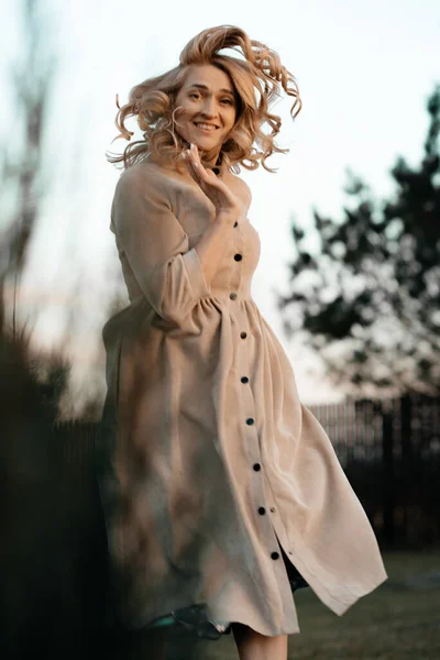 Sweet Girl Blond Curly Hair Long Dress Walking Park Trees — Photo