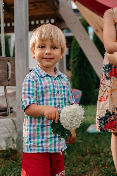 Portrait Little Boy Blond Hair Blue Eyes Checkered Shirt Bouquet — стоковое фото
