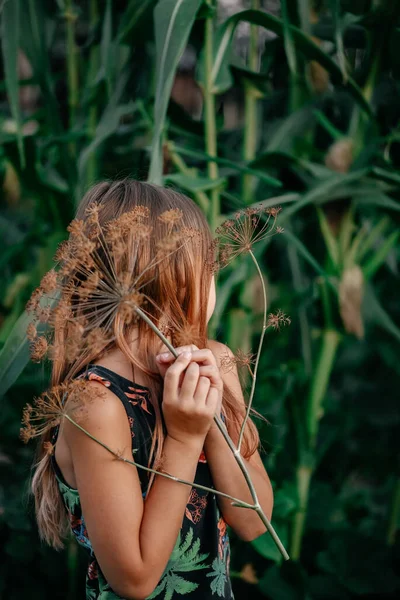 Портрет Милой Маленькой Девочки Каштановыми Длинными Волосами Позирующей Открытом Воздухе — стоковое фото