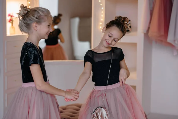 Две Стильные Маленькие Девочки Пушистых Розовых Юбках Идут Вечеринку Концепция Стоковая Картинка