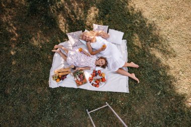 Beyaz elbiseli güzel bir sarışının ve kızının güneşli bir günde doğada piknik yapmasının en güzel görüntüsü. Pikniğe giden bir aile, sebze, meyve suyu ve ekmek. Seçmeli odak, ayrışma.