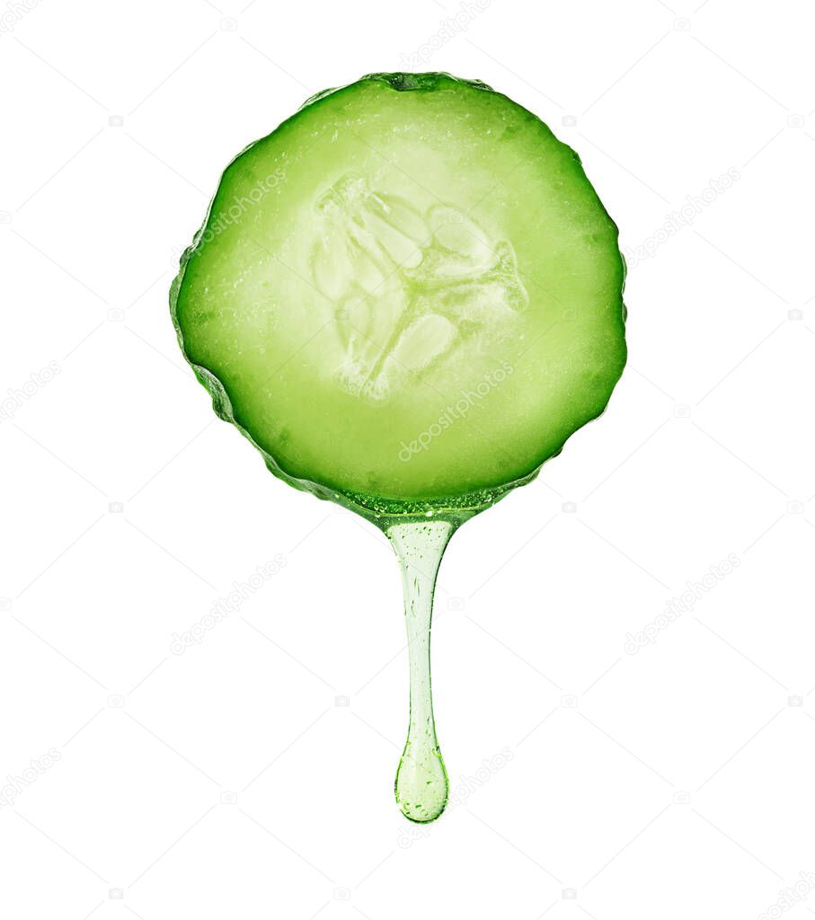 Cucumber slice with dripping drop isolated on white background, clipping path.