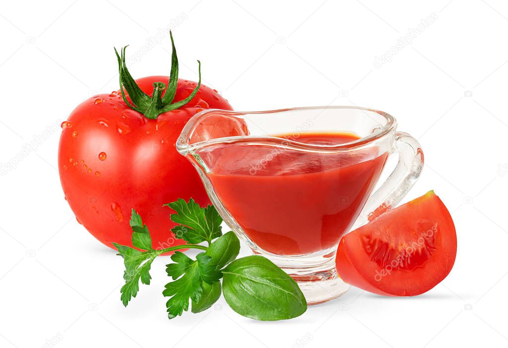 Composition of tomato, ketchup and greens isolated on white background with clipping path.
