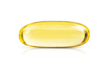 Macro shot of isolated yellow soft gel capsule of Omega 3 .