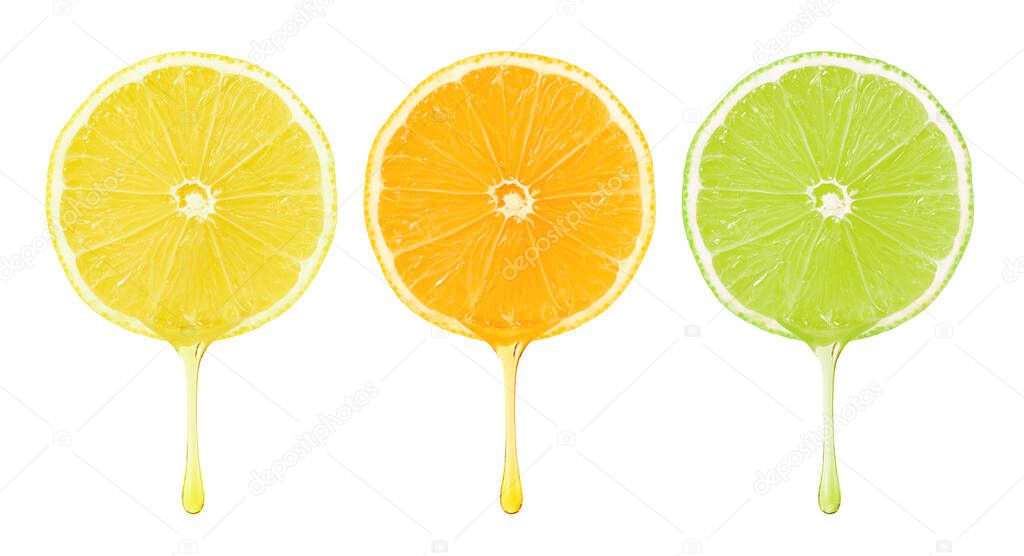 Set of citrus fruit slices with dripping drops isolated with clipping path on white background.