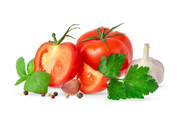 Composition of tomatoes with ingredients isolated on white background with clipping path. — Fotografia de Stock