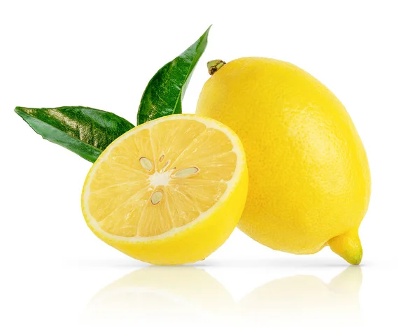 Lemons with leaves isolated on white background, clipping path. — ストック写真