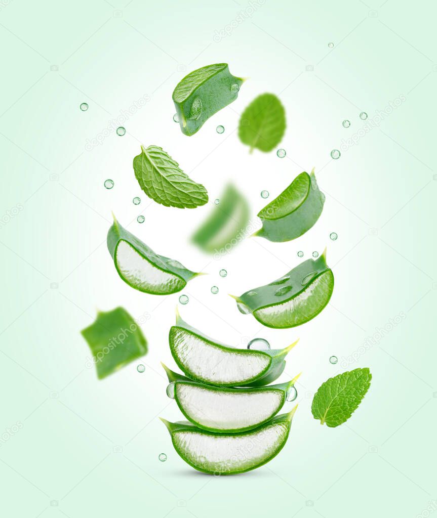 Vertical composition of flying aloe vera and mint leaves on green background. High quality photo