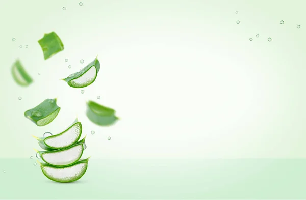 Flying Aloe Vera Leaves Green Background Cosmetology Spa — Stock Photo, Image