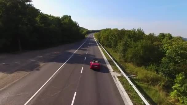 Aerial View Couple Driving Red Convertible Sports Car Country Road — Video Stock