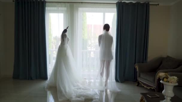 Bride White Boudoir Dress Stay Window Posing Wedding Morning Preparations — Stockvideo