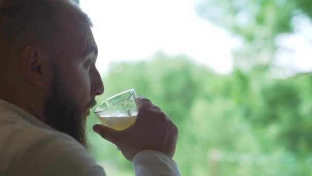 Rich Senior Man Gentleman Drinking Whiskey Glass Window Businessman Relaxing — Video Stock