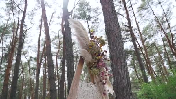 Rustic Wedding Arch Styled Ostrich Feathers Flowers Forest Background High — Vídeo de Stock