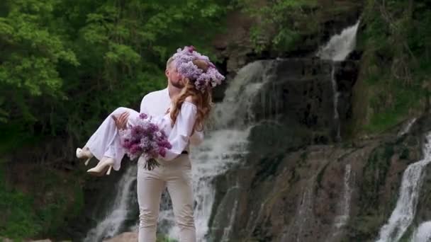 Groom Holds Bride His Arms Waterfall Wedding Couple Happy Family — Video