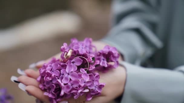 Close Man Takes Wedding Rings Small Lilac Flowers High Quality — Vídeos de Stock