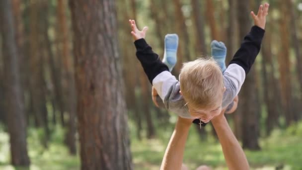 Happy Family Fun Pine Forest Summer Young Parent Father Playing — Wideo stockowe