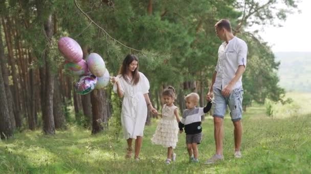 Caucasian Family Two Children Walking Hand Hand Having Fun Park — Stockvideo