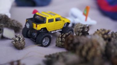 Hands pick up dried cones of coniferous trees. Boy on a carpet playing with cones and other toys. High quality FullHD footage