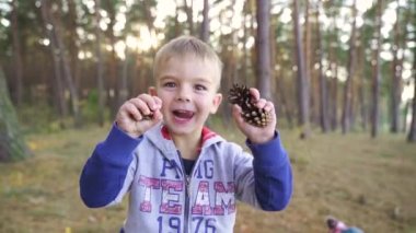 Little boy sitting in the woods playing with a fallen cone. Slow motion. High quality FullHD footage