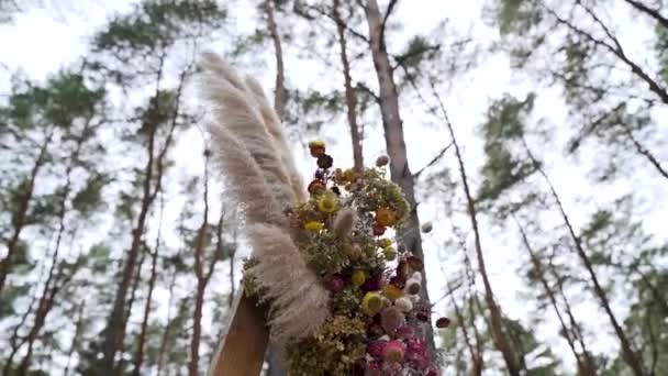 Close Wedding Arch Decorated Pastel Faded Flowers Forest Rustic Wedding — Stok video