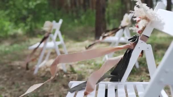 Ribbons Sway Wind Wedding Chairs Rustic Style Wedding Outdoor Slow — Vídeos de Stock