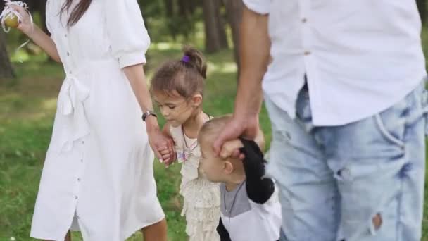 Caucasian Family Two Children Walking Hand Hand Having Fun Park — 图库视频影像
