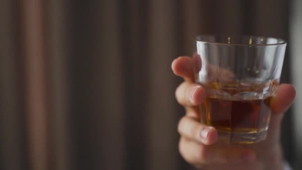 Close Slow Motion Hand Holding Glass Goblet Whiskey Concept Fine — Stok video