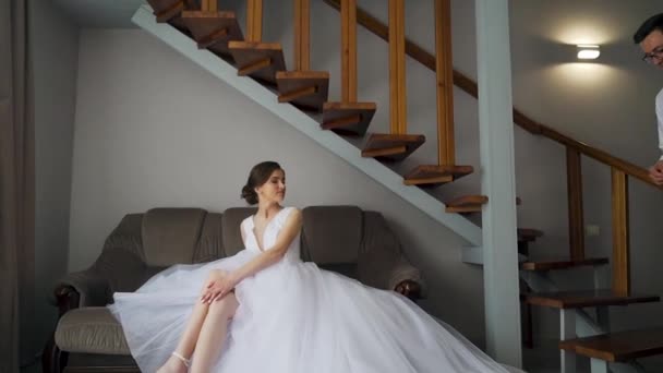 Bride Helps Groom Get Dressed Prepare Wedding Ceremony Young Couple — 图库视频影像