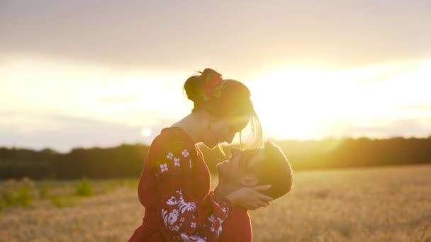 Young Man Kissing Spinning His Girlfriend Sunset Wheat Field Slow — Wideo stockowe