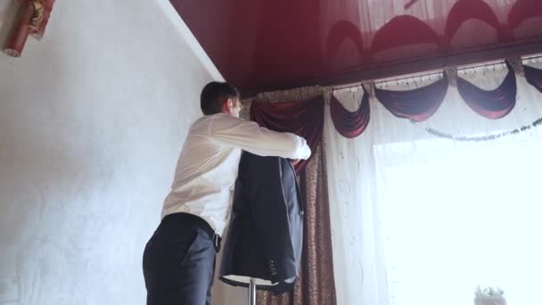 Business Man Put Suit Morning Routine Home Preparing Work Slow — 비디오