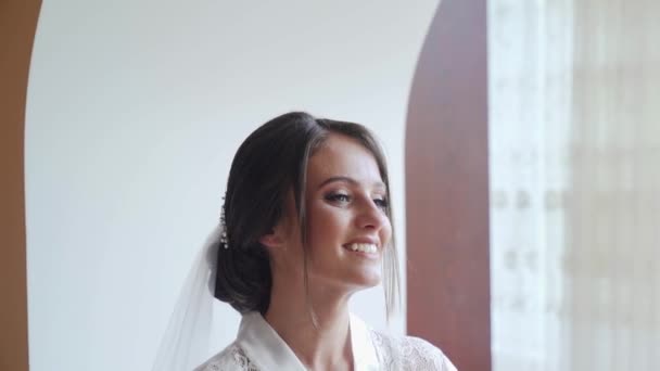 Bride Takes Her Wedding Dress Posing Mirrow Rotating Dress Slow — Stock Video