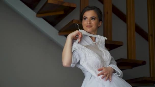 Bride White Dress Poses Waving Her Dress Gorgeous Modern Girl — Stockvideo