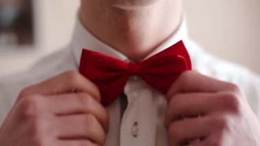 Kırmızı papyonu düzelten adamın ellerine yaklaş. İş konsepti. Yüksek kaliteli FullHD görüntüler