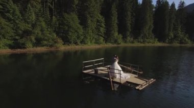 Sevgililer Günü tatilini göl kenarında aşk botunda kutlayan iki kişi. Romantik çift. Hava görüntüsü. Yüksek kalite 4k görüntü