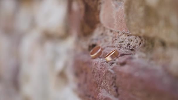 Близько Весільні Кільця Лежать Порожнині Старої Цегляної Стіни Два Кільця — стокове відео