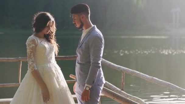 Par Recién Casados Besándose Abrazándose Lago Después Matrimonio Silhoette Del — Vídeo de stock