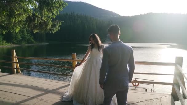 Amantes Recién Casados Orilla Lago Montaña Steadycam Filmado Con Resplandor — Vídeo de stock