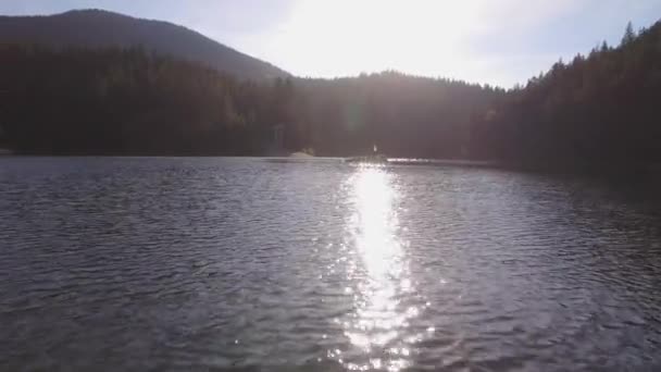 Nízký Let Divokého Jezera Synevir Karpatských Horách Ukrajině Mlhavé Jezero — Stock video