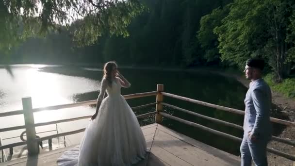 Loving Newlyweds Shore Mountain Lake Steadycam Shot Sun Glare High — Stock Video