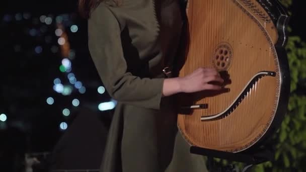 Muzikant Bespeelt Het Oekraïense Traditionele Bandura Instrument Stadsverlichting Achtergrond Hand — Stockvideo