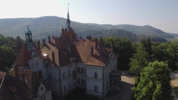 Drone Vliegen Boven Het Kasteel Bergen Ochtend West Oekraïne Karpaten — Stockvideo