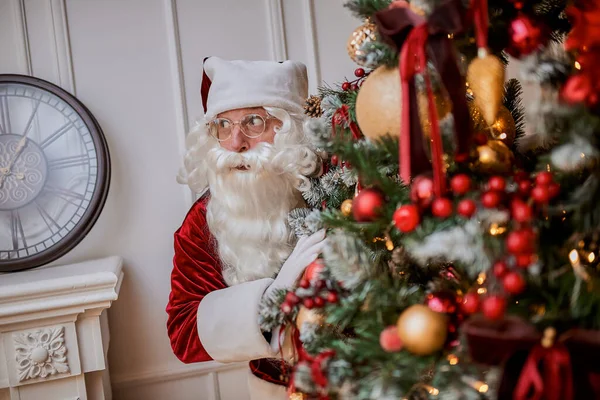 Santa Claus Hiding Christmas Tree Hide Gifts New Year Merry — Stock Photo, Image