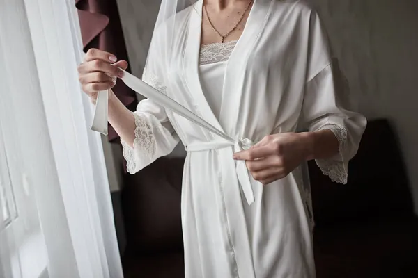 Girl Ties Belt Her Robe Standing Window Woman Getting Ready — Stock Photo, Image