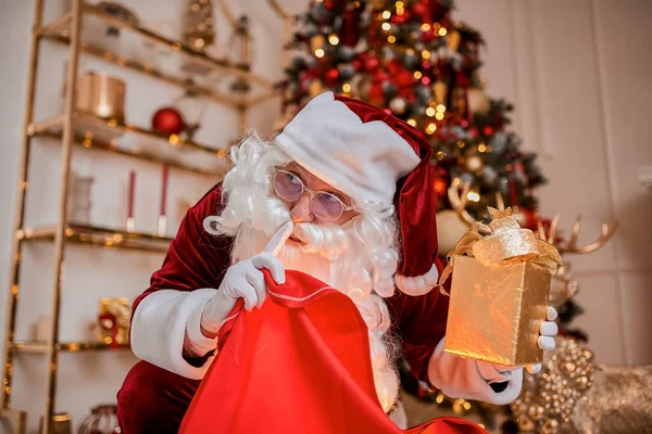 Santa Claus Big Red Bag Gifts Rush Bring Present Children — Stock Photo, Image
