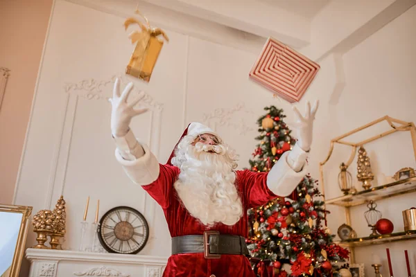 Santa Claus Throwing Playing Presents Fireplace Christmas Tree Gifts New — Stock Photo, Image
