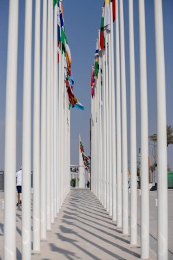 Dubai, Birleşik Arap Emirlikleri - 06 Kasım 2021: Katılımcı ülkeler EXPO 2020 Dubai 'de bayraklar