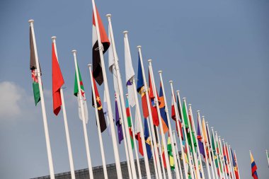 Dubai, Birleşik Arap Emirlikleri - 06 Kasım 2021: Katılımcı ülkeler EXPO 2020 Dubai 'de bayraklar