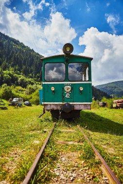 KOLOCHAVA, UKRAINE - 26 AĞUSTOS 2020. Karpat köyü Kolochava, Transcarpathia, Ukrayna 'daki dar çaplı demiryolu ağında eski tren lokomotifi yeşili