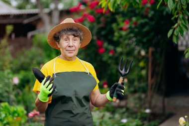 Bahçesinde iş aletleriyle çalışan şapkalı kıdemli kadın bahçıvan. Bahçe işleri, çiçek ve bitkilerle ilgilenmek ve büyümek..